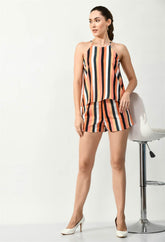Waylene Striped Multi-Color Cami and Shorts Jumpsuit, side view with chair, casual style.